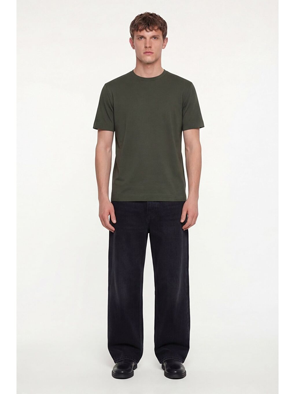 Erkek Koyu Yeşil Normal Kesim Regular Fit %100 Pamuk Dokuma Bisiklet Yaka Basic T-Shirt-1