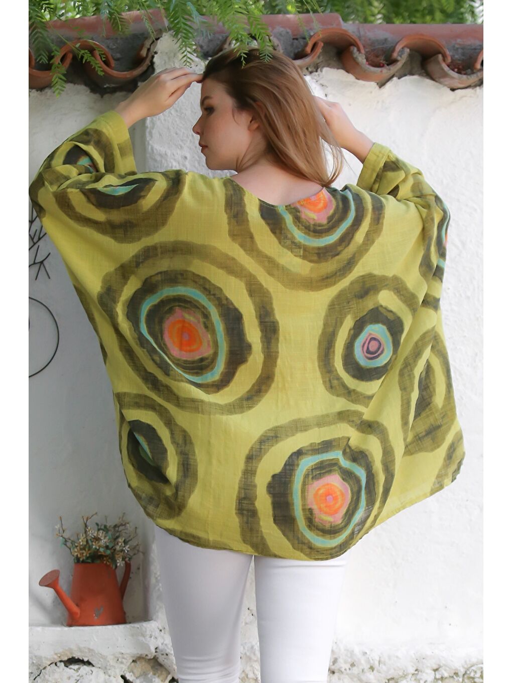 Sarı İtalyan Hardal Havuz Yaka Yarasa Kol Geometrik Desenli Keten Oversize Dokuma Tunik 80 120-1