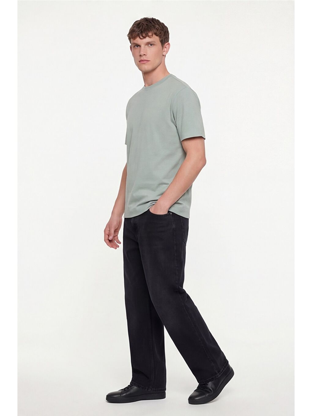 Erkek Açık Yeşil Normal Kesim Regular Fit %100 Pamuk Dokuma Bisiklet Yaka Basic T-Shirt-2