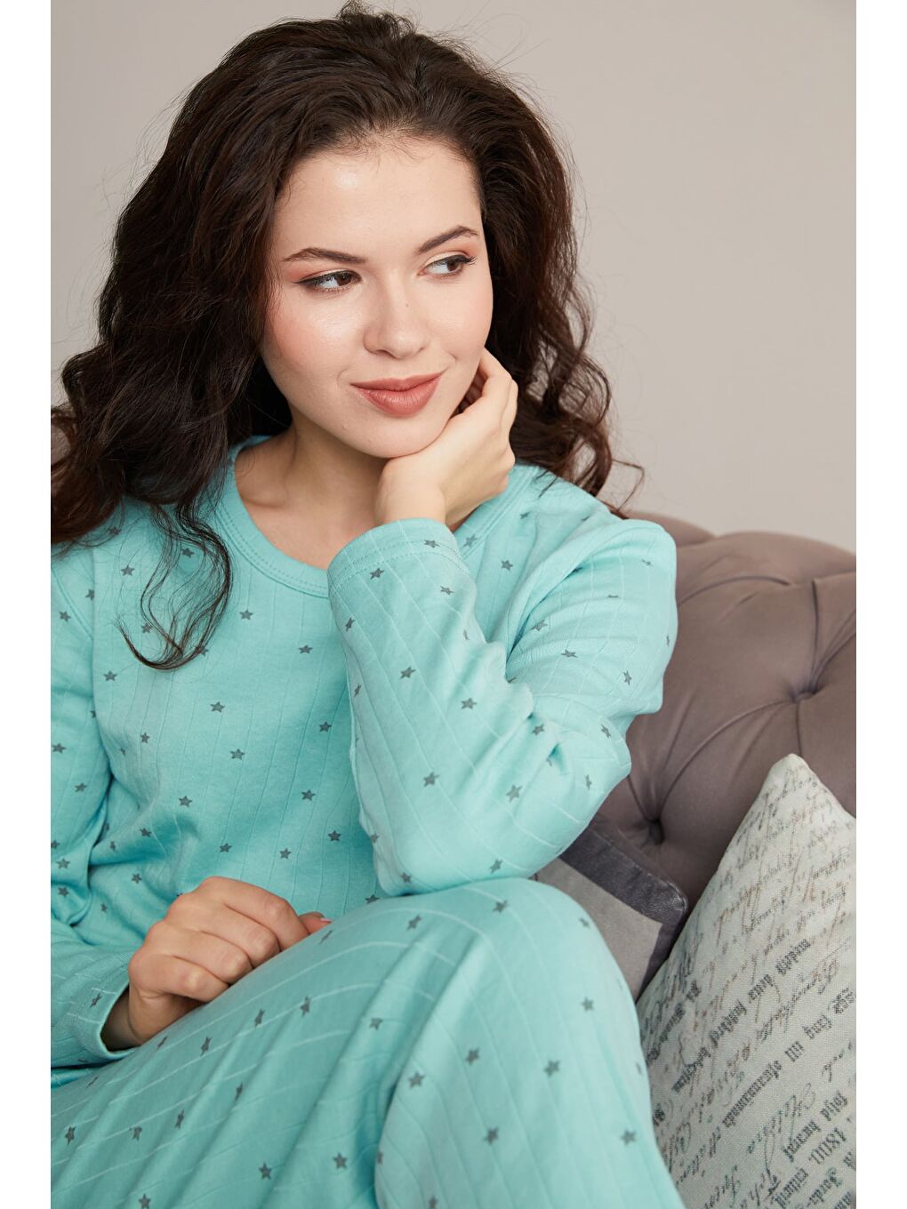 Yeşil Büyük Beden Kalp Ve Yıldız Desenli Pijama Takımı-1