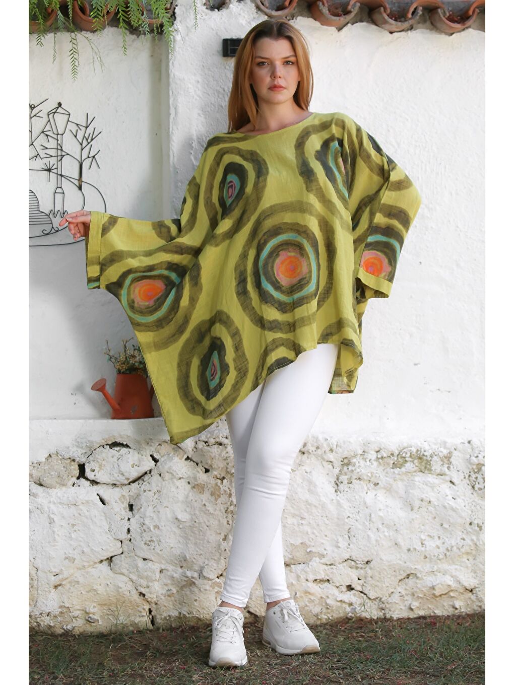 Sarı İtalyan Hardal Havuz Yaka Yarasa Kol Geometrik Desenli Keten Oversize Dokuma Tunik 80 120-3