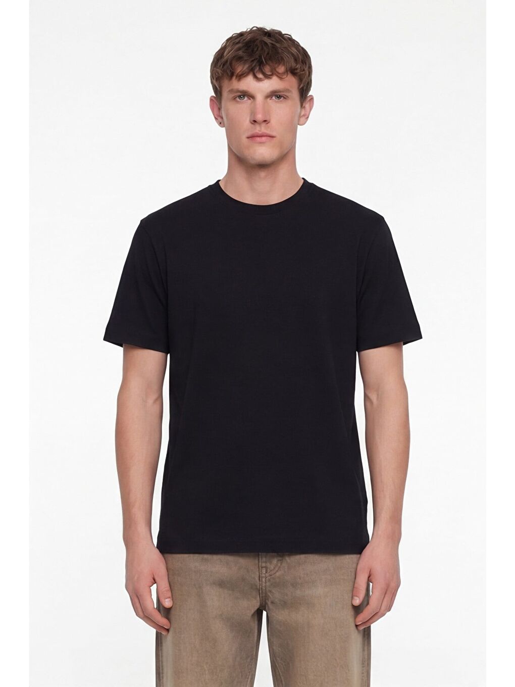 Erkek Siyah Normal Kesim Regular Fit %100 Pamuk Dokuma Bisiklet Yaka Basic T-Shirt