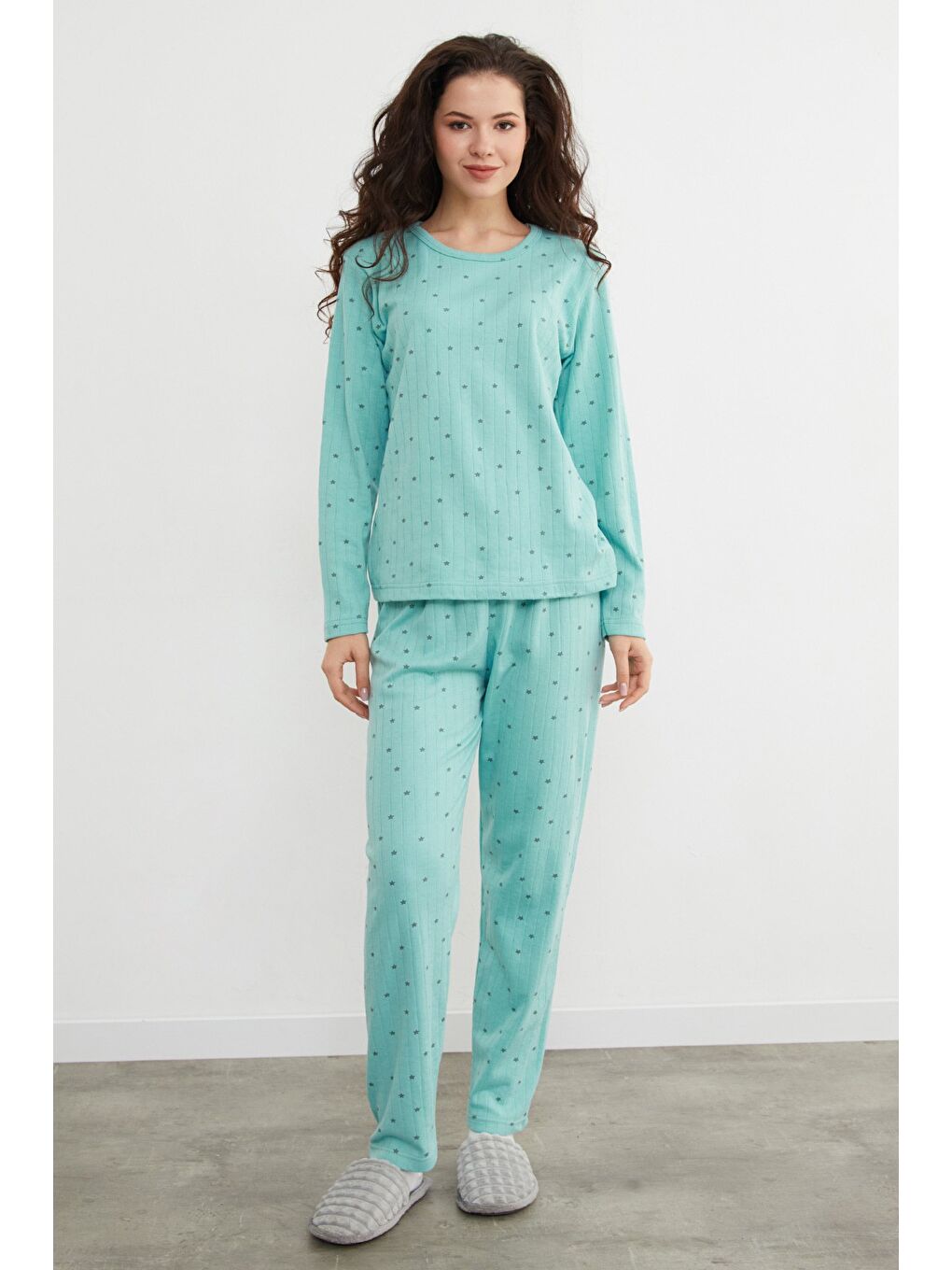 Yeşil Büyük Beden Kalp Ve Yıldız Desenli Pijama Takımı-3