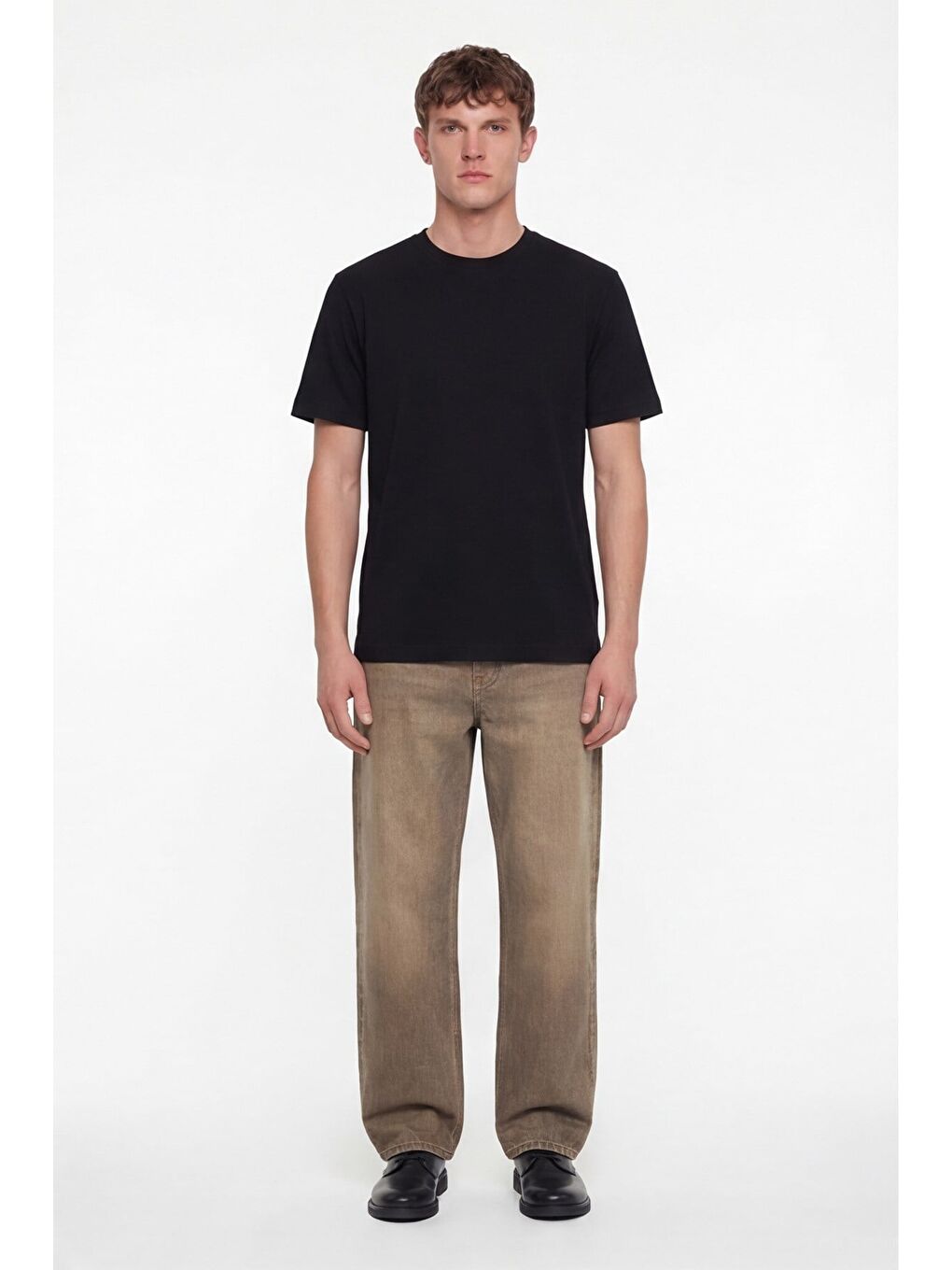 Erkek Siyah Normal Kesim Regular Fit %100 Pamuk Dokuma Bisiklet Yaka Basic T-Shirt-1