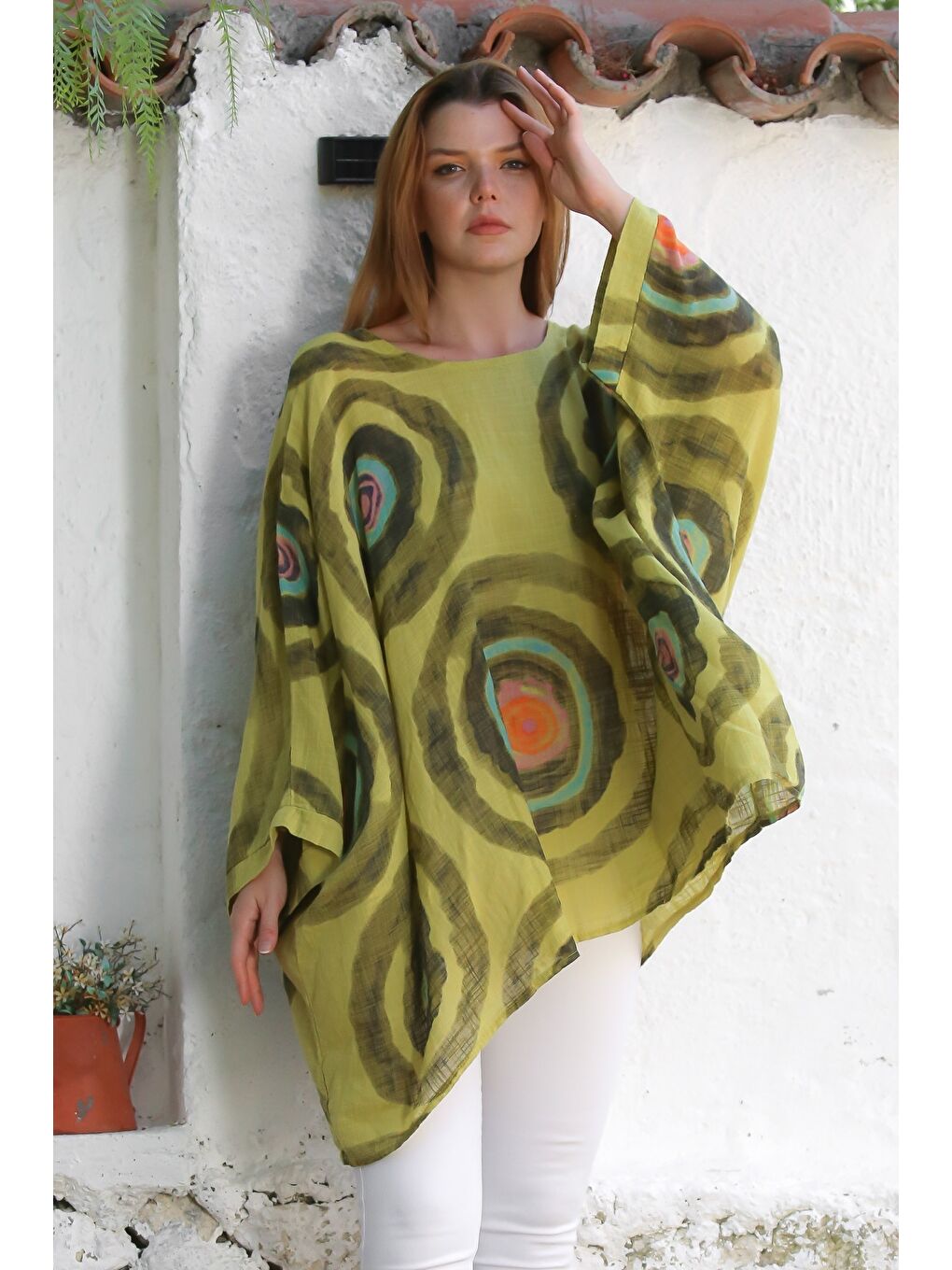 Sarı İtalyan Hardal Havuz Yaka Yarasa Kol Geometrik Desenli Keten Oversize Dokuma Tunik 80 120-4