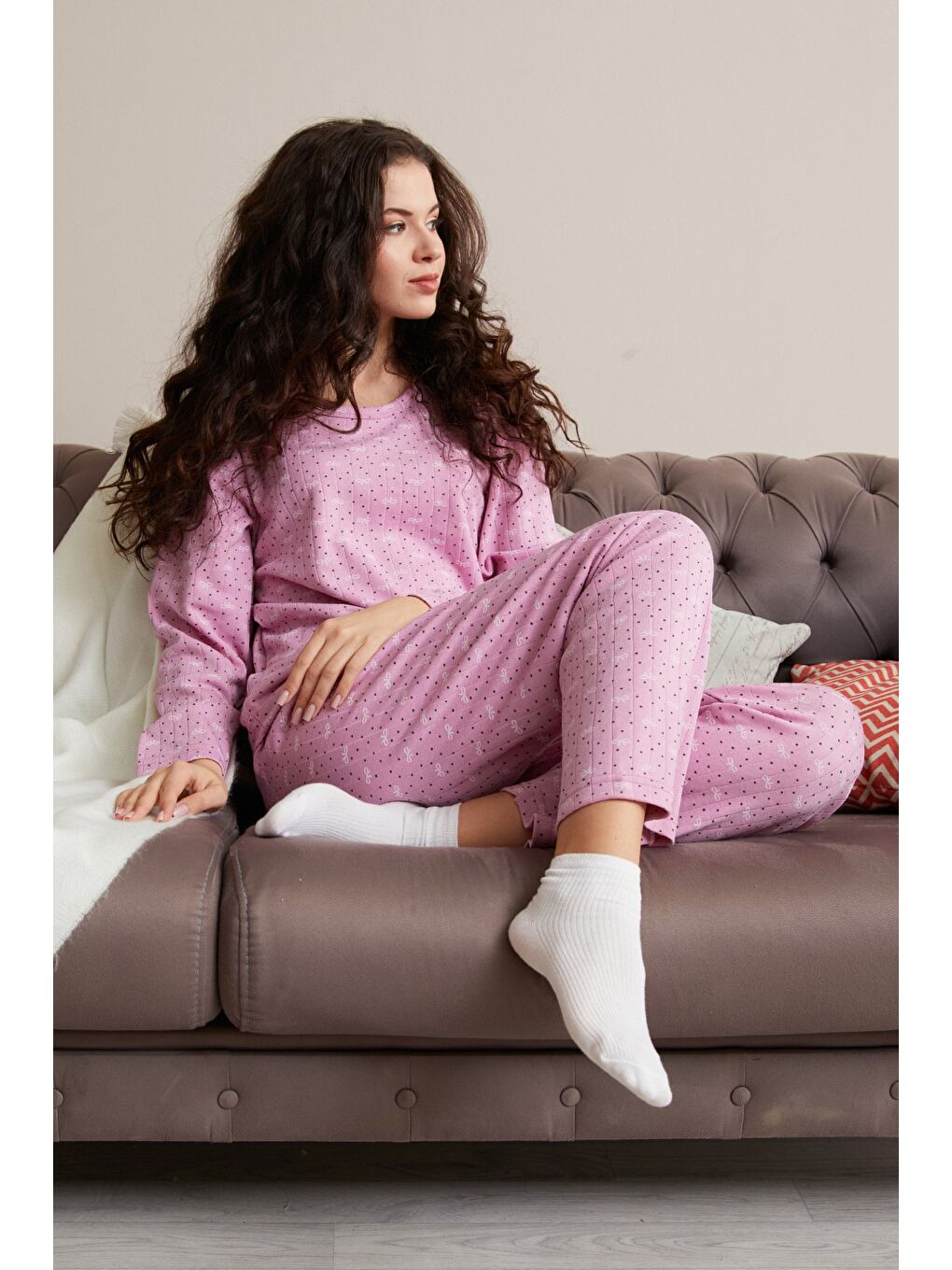 Pembe Büyük Beden Kalp Ve Yıldız Desenli Pijama Takımı-1