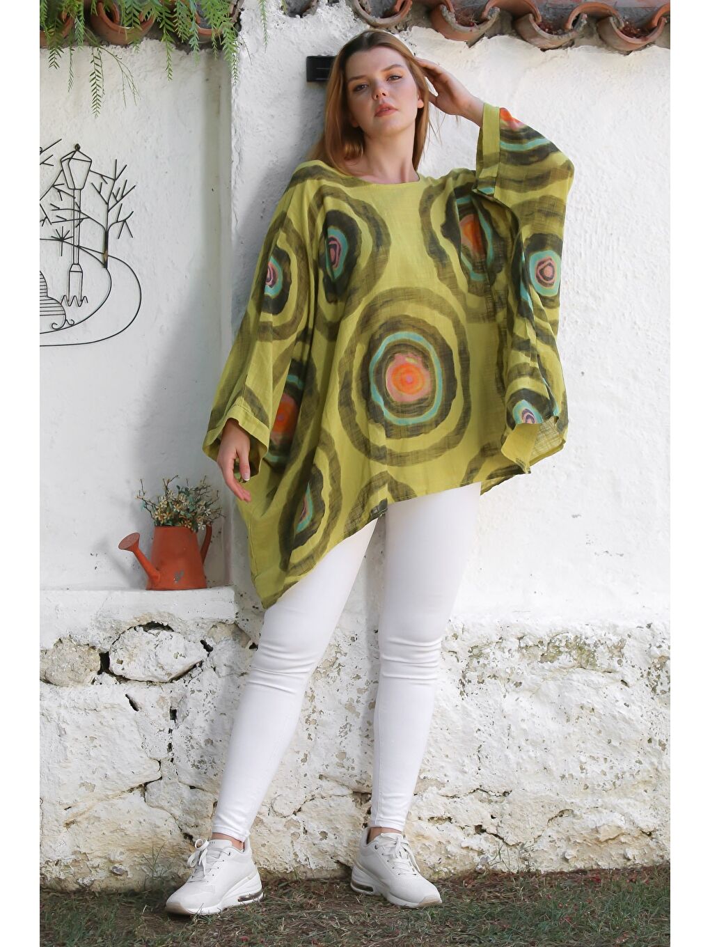 Sarı İtalyan Hardal Havuz Yaka Yarasa Kol Geometrik Desenli Keten Oversize Dokuma Tunik 80 120-5