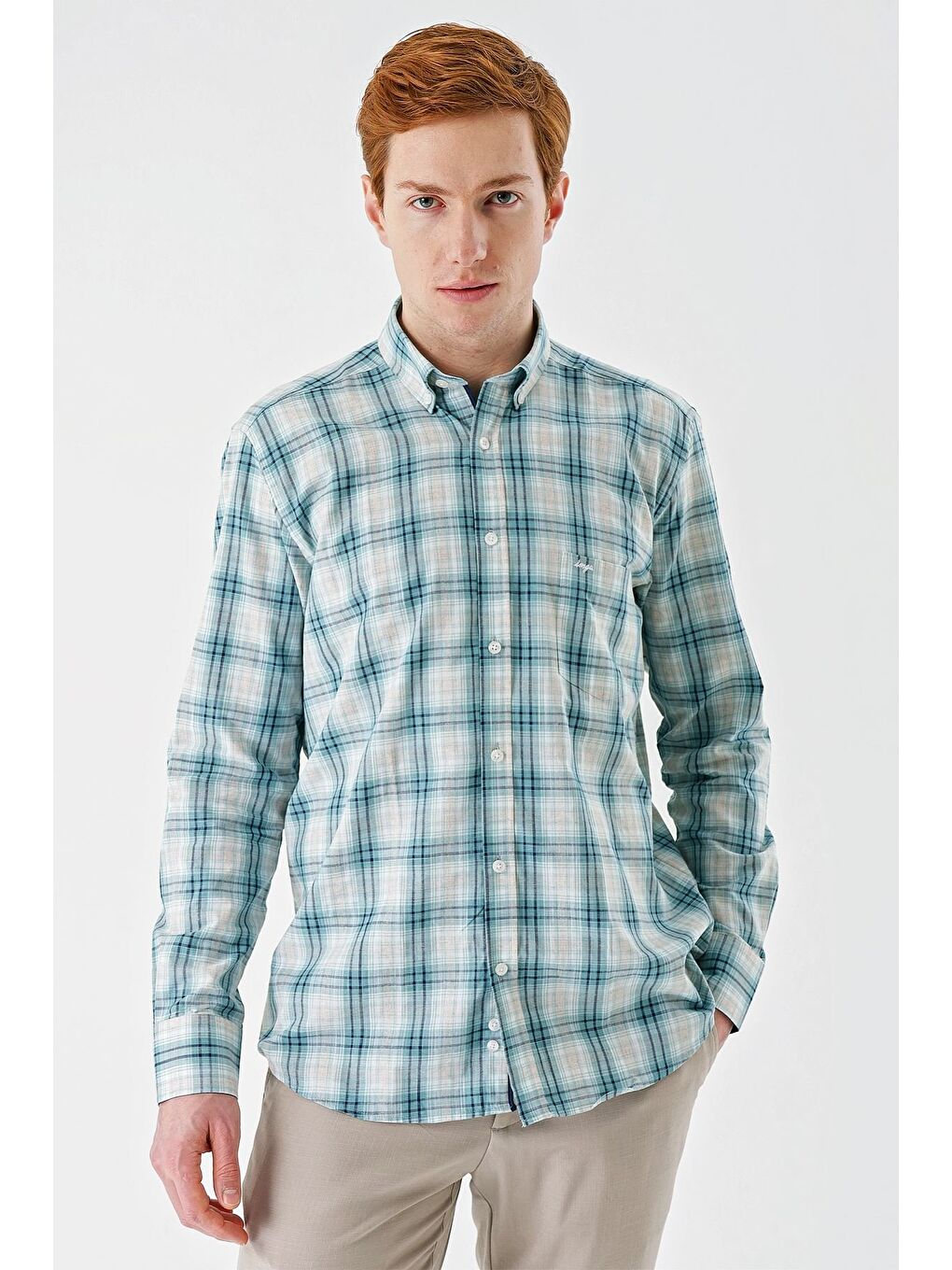 Turkuaz Su Yeşili Uzun Kollu Ekoseli Cepli Garnili Pamuklu Klasik Comfort Fit Rahat Kesim Gömlek 1004240194-6