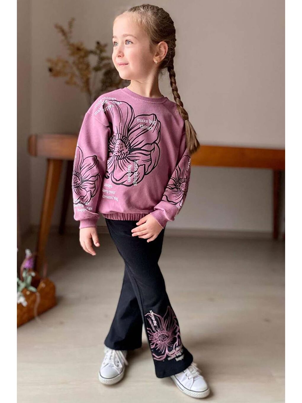 Mor Kız Çocuk İspanyol Paça Beli Lastikli Çiçek Figürlü Yazı Baskılı Takım