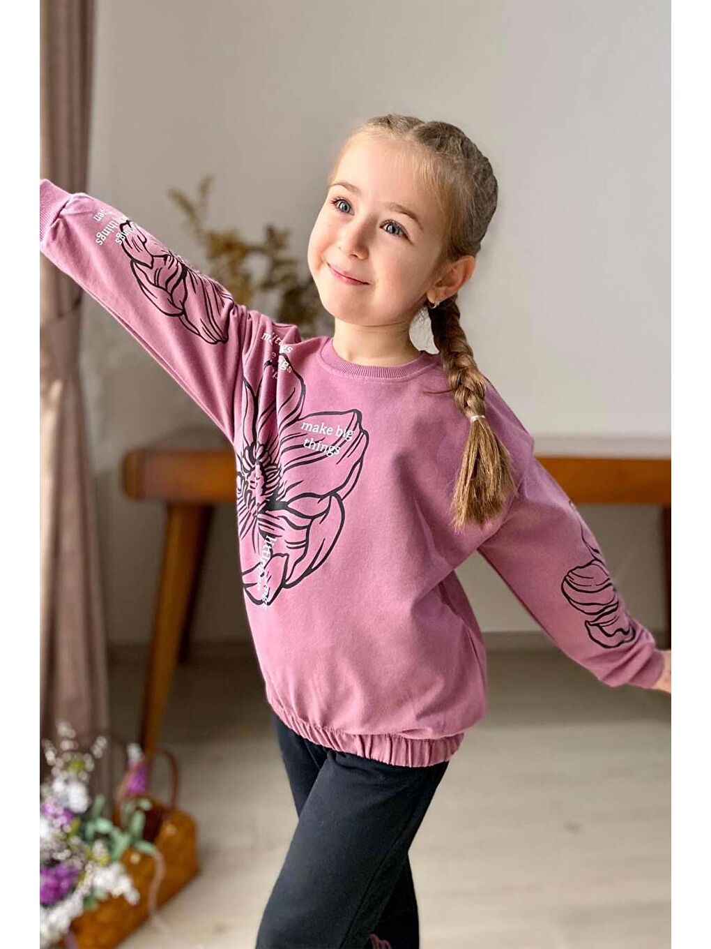 Mor Kız Çocuk İspanyol Paça Beli Lastikli Çiçek Figürlü Yazı Baskılı Takım-1