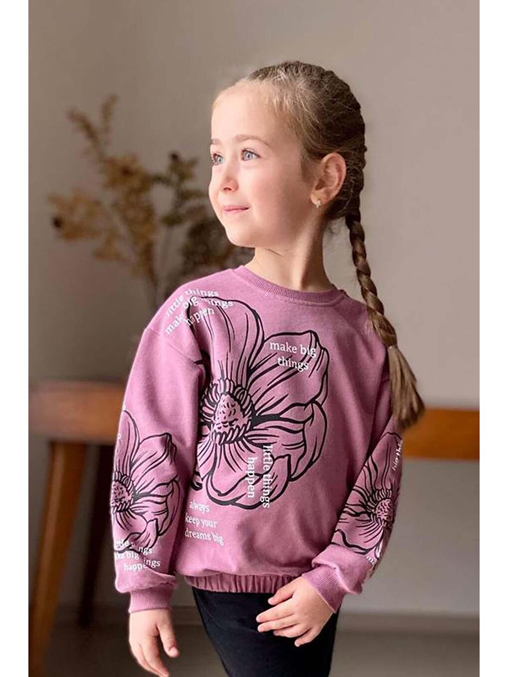 Mor Kız Çocuk İspanyol Paça Beli Lastikli Çiçek Figürlü Yazı Baskılı Takım-2