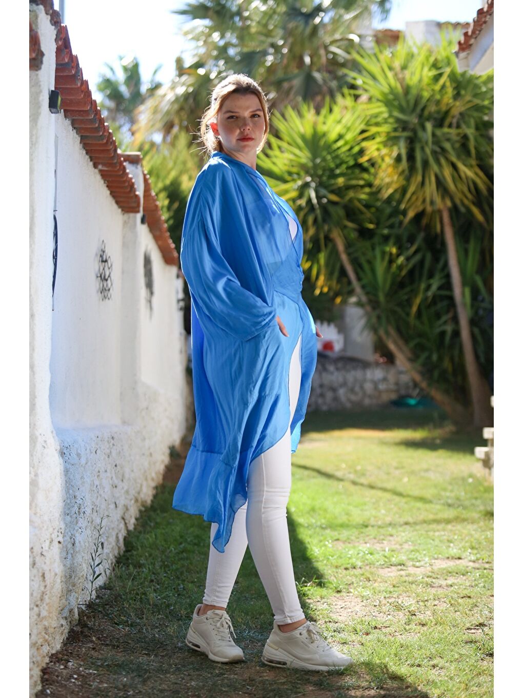 İtalyan Mavi Kruvaze Yaka Uzun Kol Cepli İpek Oversize Dokuma Tunik 95 75-4