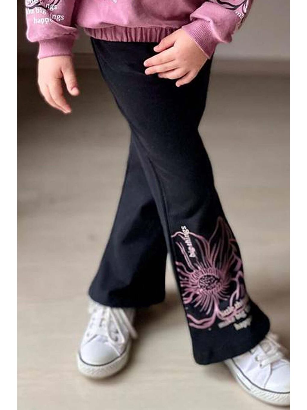 Mor Kız Çocuk İspanyol Paça Beli Lastikli Çiçek Figürlü Yazı Baskılı Takım-3