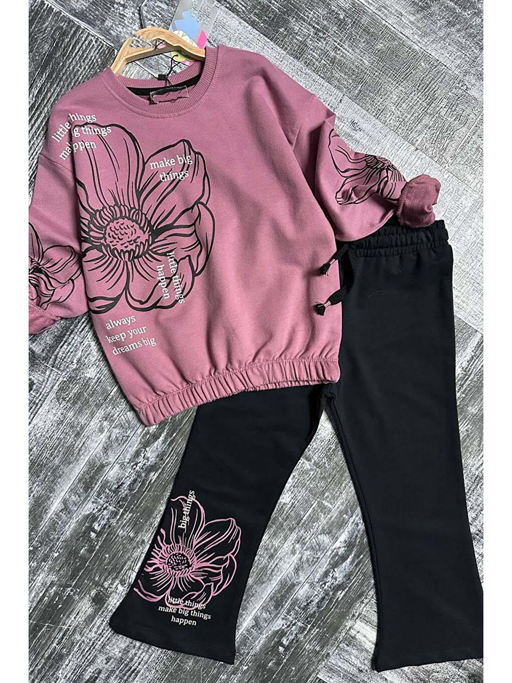 Mor Kız Çocuk İspanyol Paça Beli Lastikli Çiçek Figürlü Yazı Baskılı Takım-4