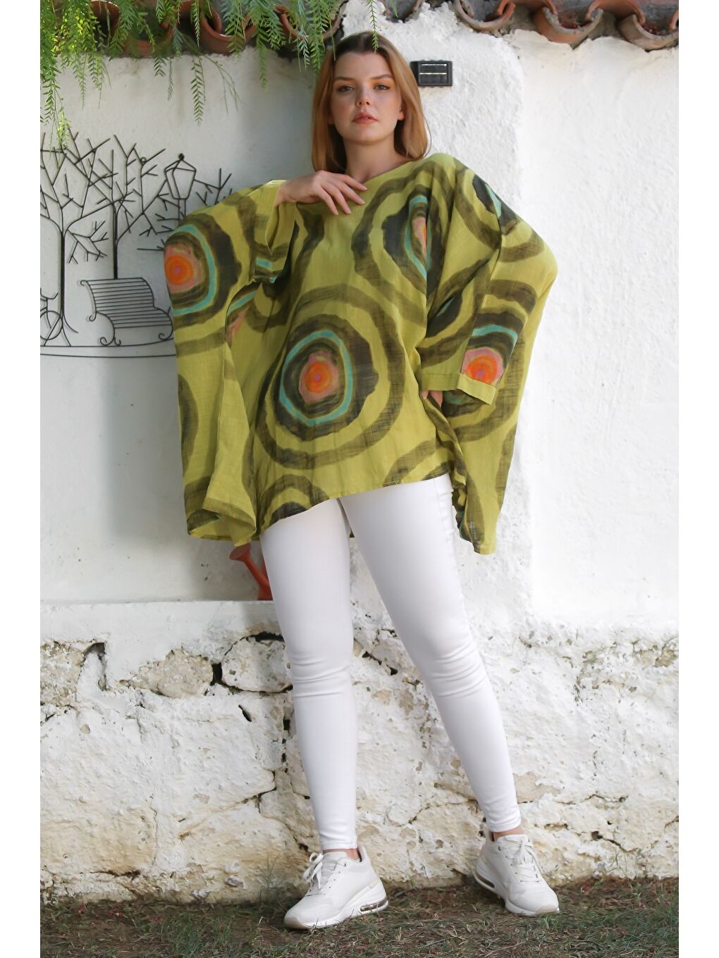Sarı İtalyan Hardal Havuz Yaka Yarasa Kol Geometrik Desenli Keten Oversize Dokuma Tunik 80 120-6