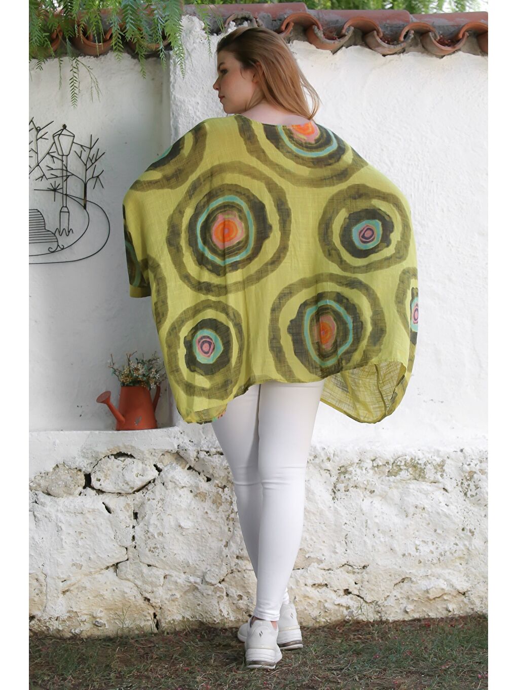 Sarı İtalyan Hardal Havuz Yaka Yarasa Kol Geometrik Desenli Keten Oversize Dokuma Tunik 80 120-7