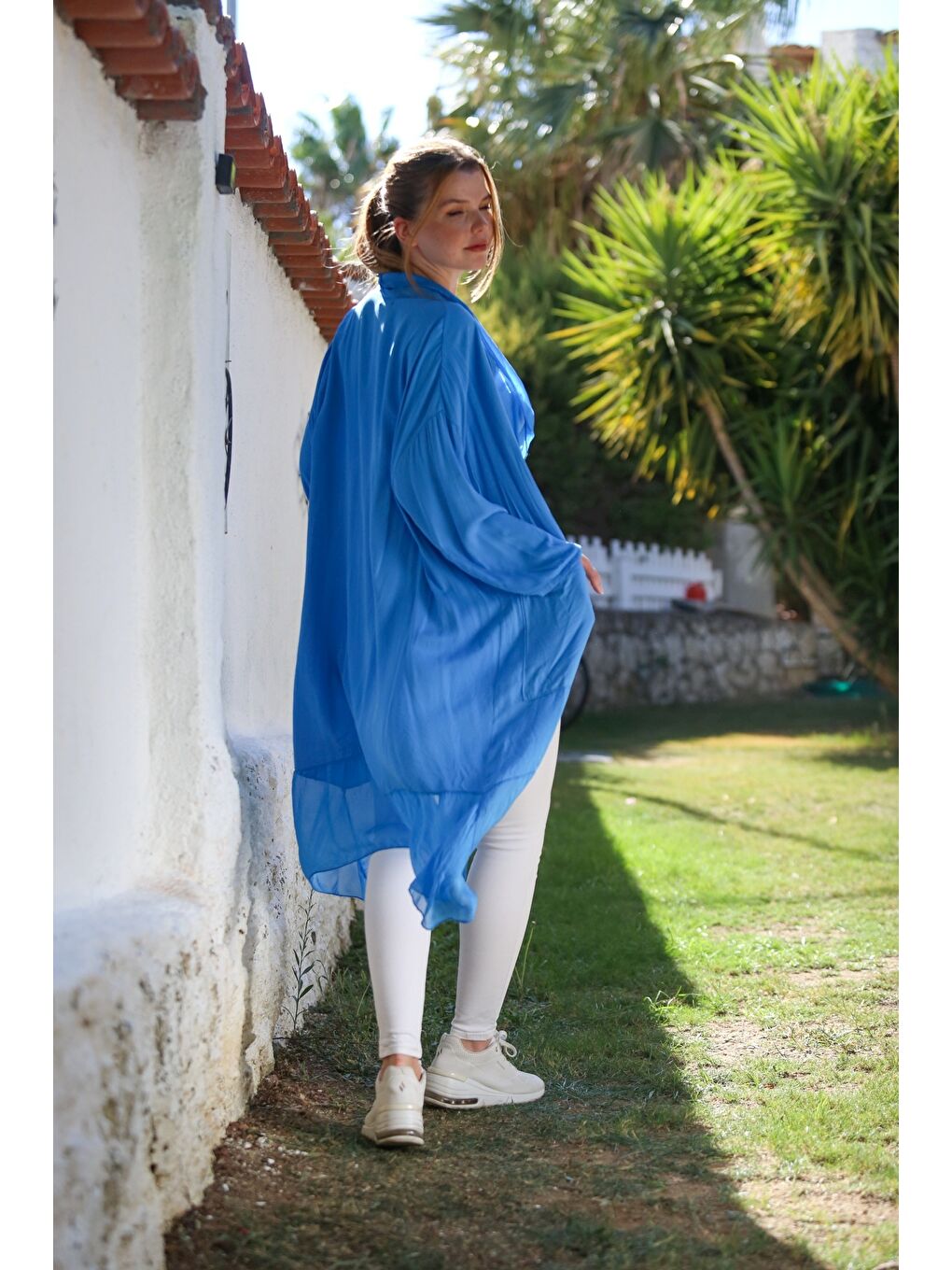 İtalyan Mavi Kruvaze Yaka Uzun Kol Cepli İpek Oversize Dokuma Tunik 95 75-7