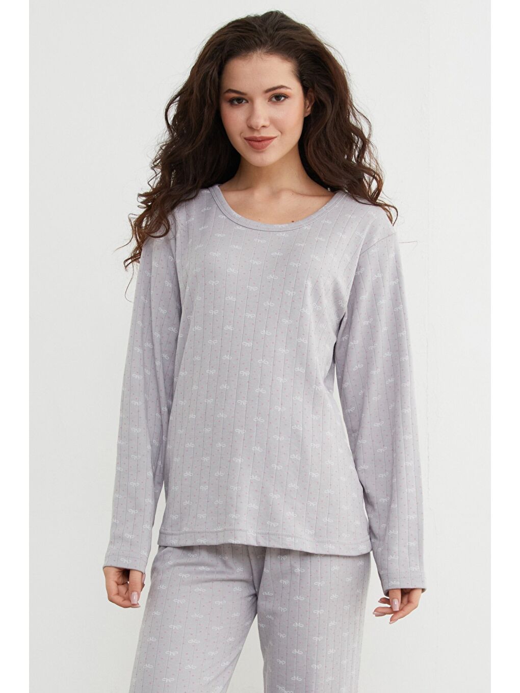 Gri Büyük Beden Kalp Ve Yıldız Desenli Pijama Takımı-3