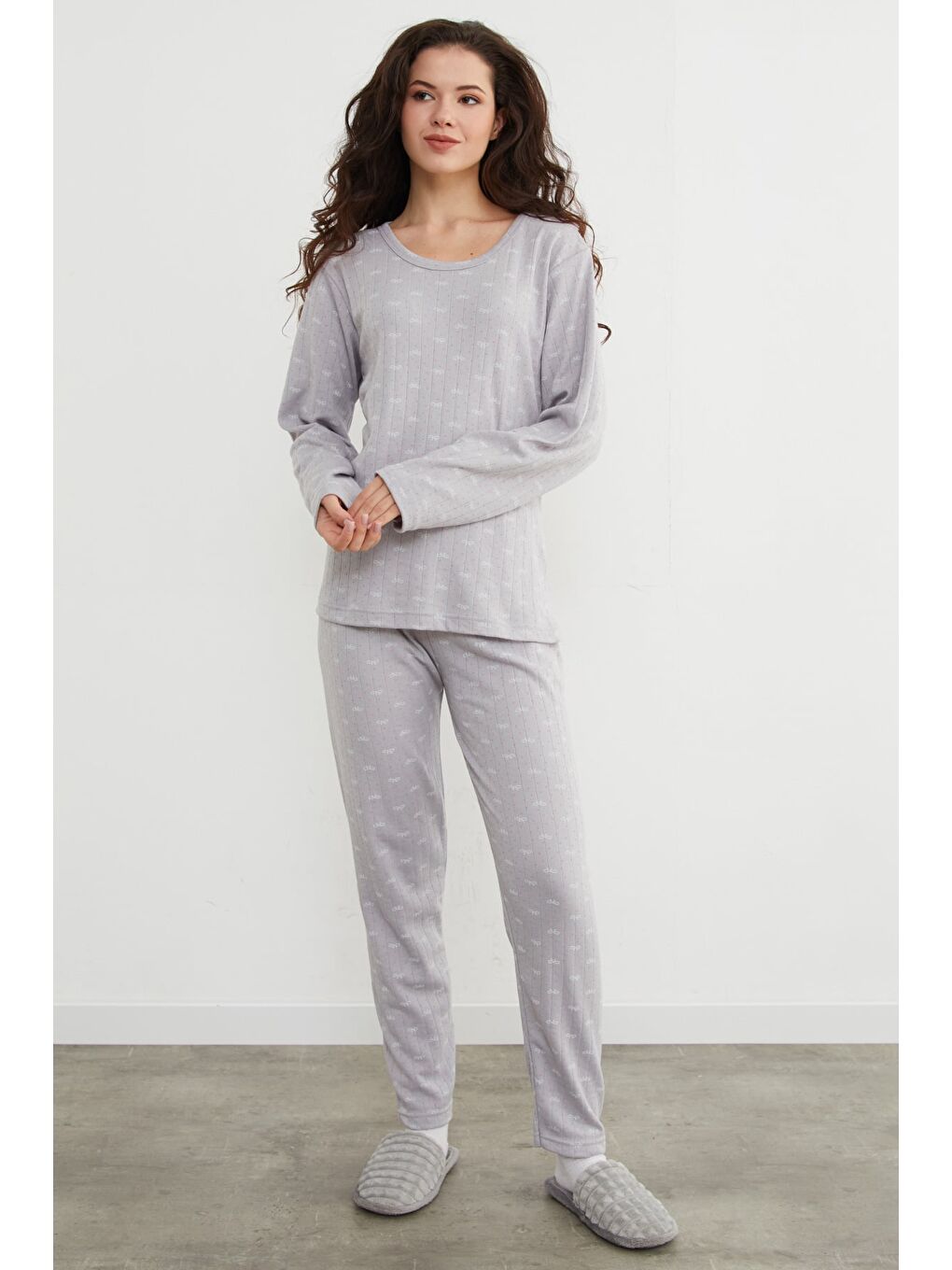 Gri Büyük Beden Kalp Ve Yıldız Desenli Pijama Takımı-4