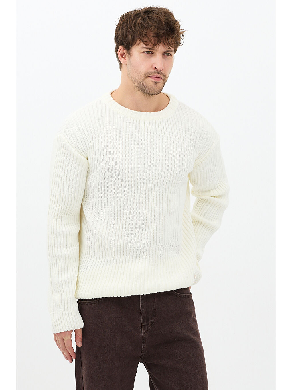 Erkek Beyaz Fitilli Örme Regular Triko Kazak-3