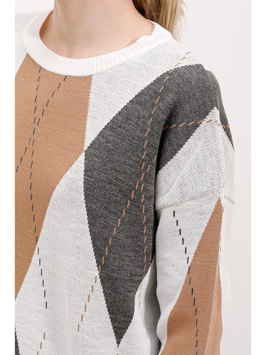 15861 Uzun Triko Elbise - Ekru-3