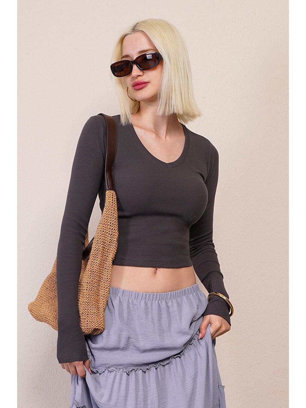 Gri Füme V Yaka Uzun Kollu Kaşkorse Body Mg2192-3