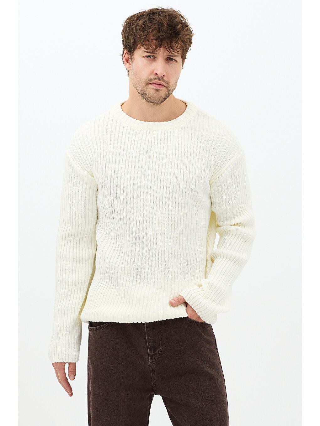 Erkek Beyaz Fitilli Örme Regular Triko Kazak-4