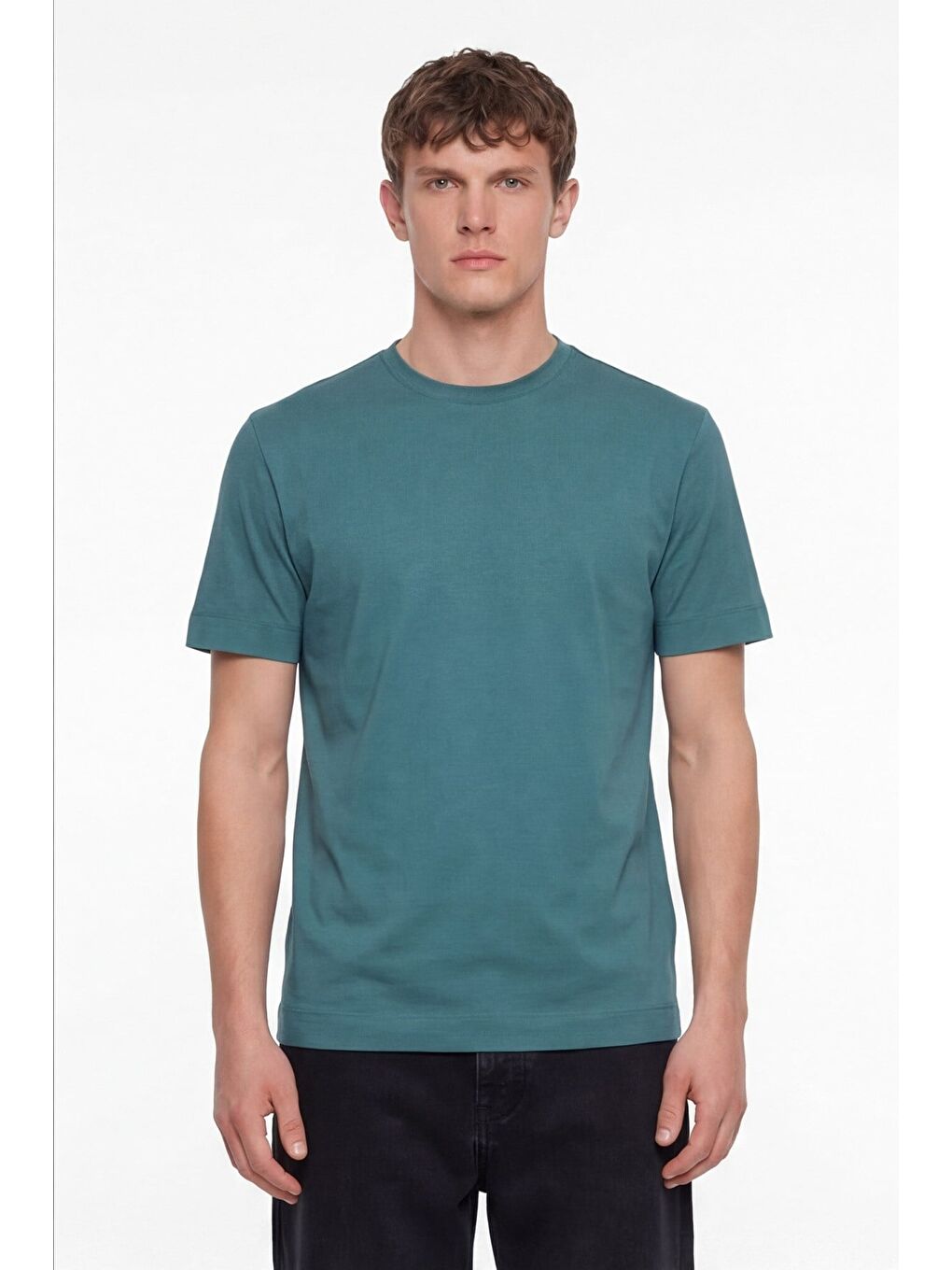 Erkek Petrol Normal Kesim Regular Fit %100 Pamuk Dokuma Bisiklet Yaka Basic T-Shirt