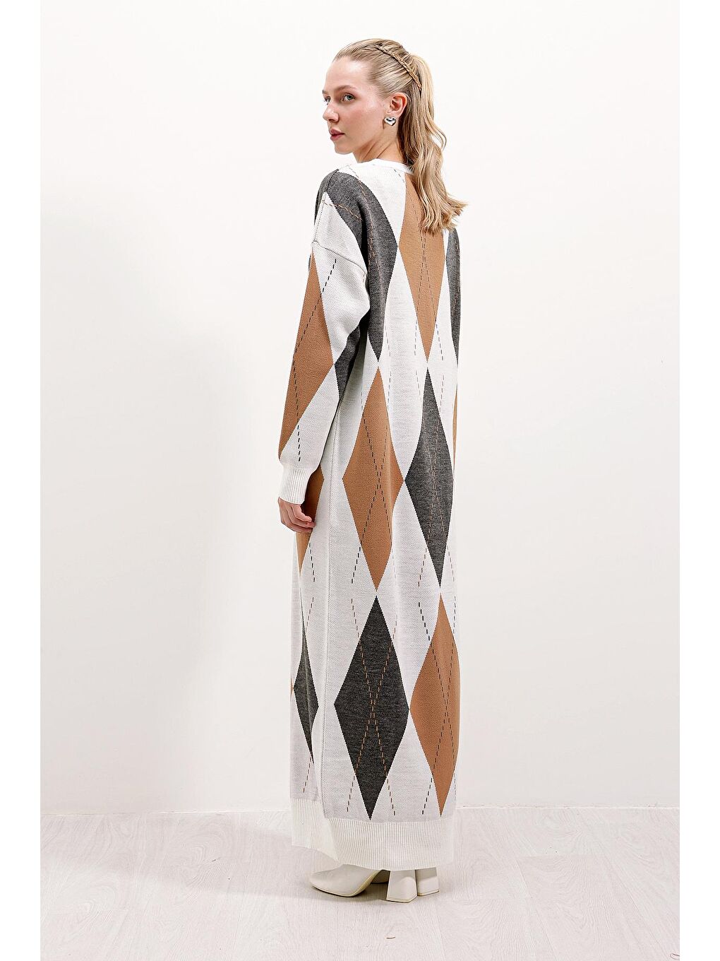 15861 Uzun Triko Elbise - Ekru-4