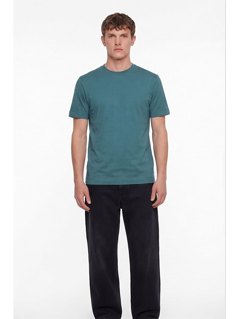 Erkek Petrol Normal Kesim Regular Fit %100 Pamuk Dokuma Bisiklet Yaka Basic T-Shirt-1