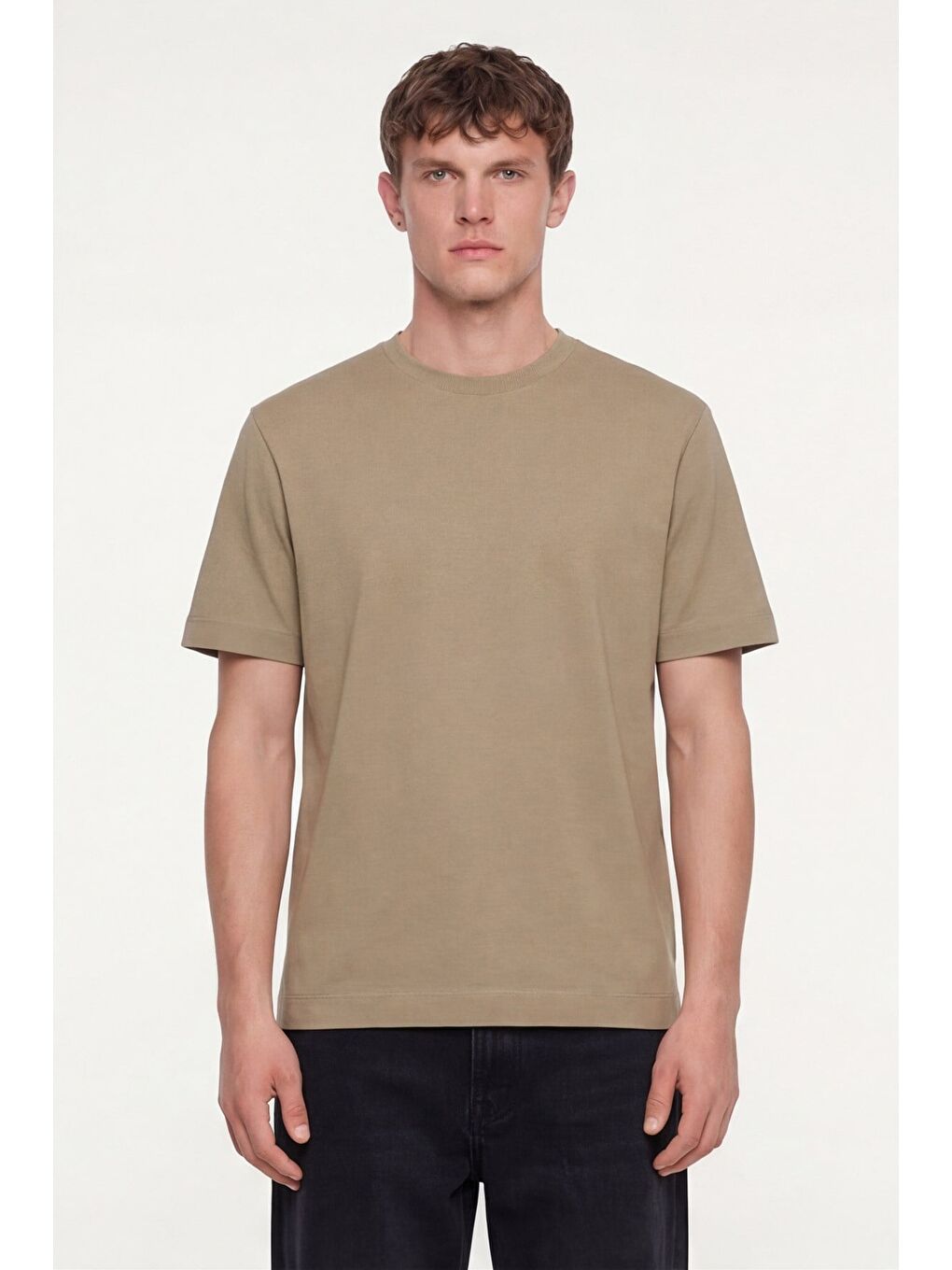 Bej Erkek Vizon Normal Kesim Regular Fit %100 Pamuk Dokuma Bisiklet Yaka Basic T-Shirt