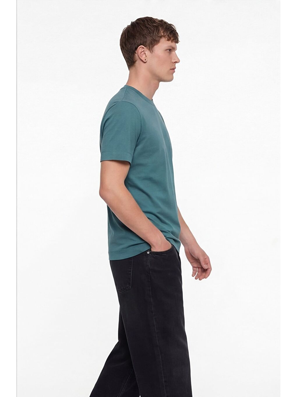 Erkek Petrol Normal Kesim Regular Fit %100 Pamuk Dokuma Bisiklet Yaka Basic T-Shirt-2