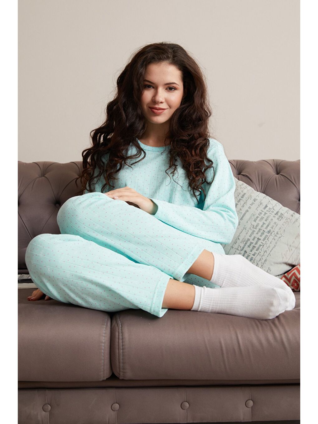 Turkuaz Büyük Beden Kalp Ve Yıldız Desenli Pijama Takımı-1