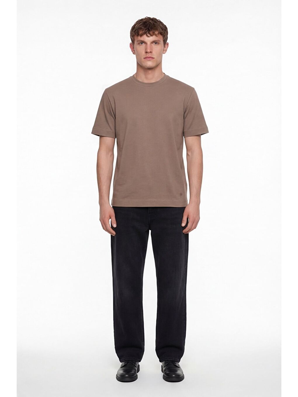 Kahverengi Erkek Taba Normal Kesim Regular Fit %100 Pamuk Dokuma Bisiklet Yaka Basic T-Shirt-1