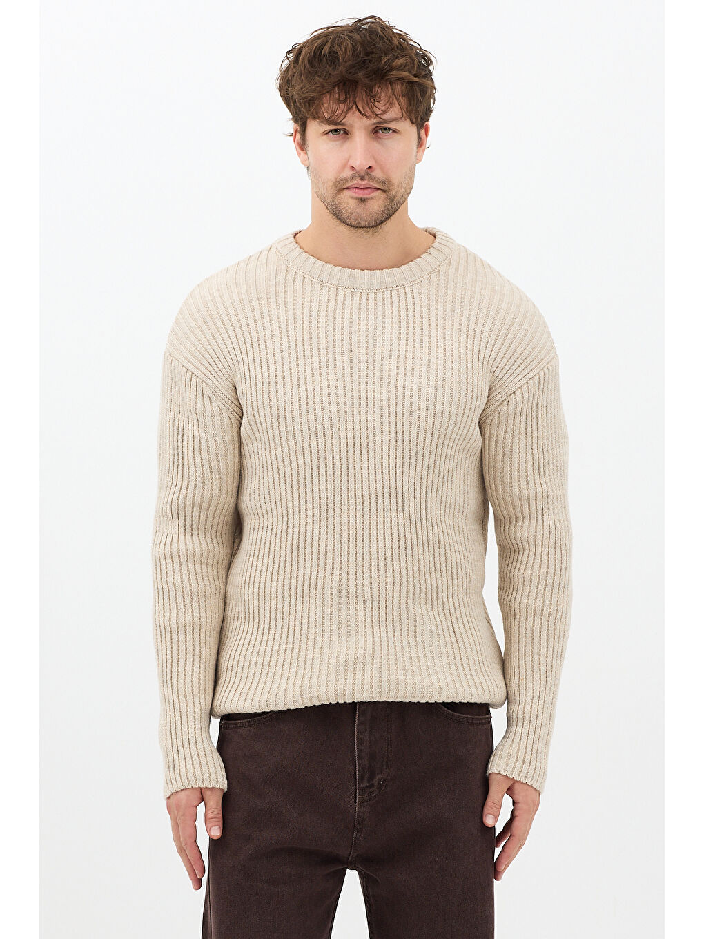 Erkek Bej Fitilli Örme Regular Triko Kazak