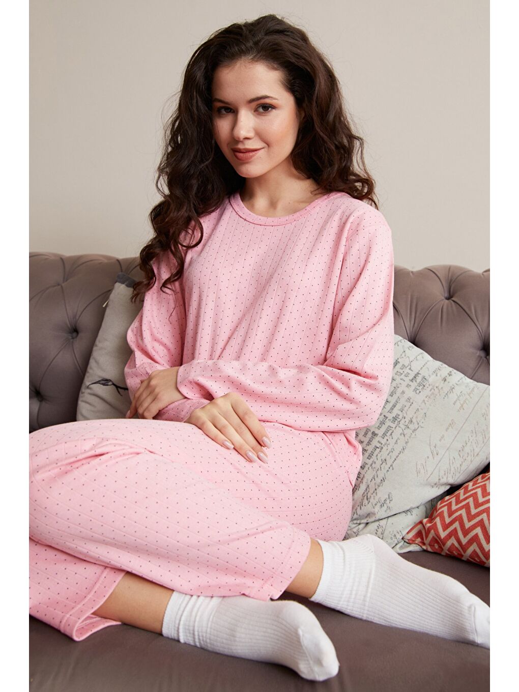 Pembe Büyük Beden Kalp Ve Yıldız Desenli Pijama Takımı