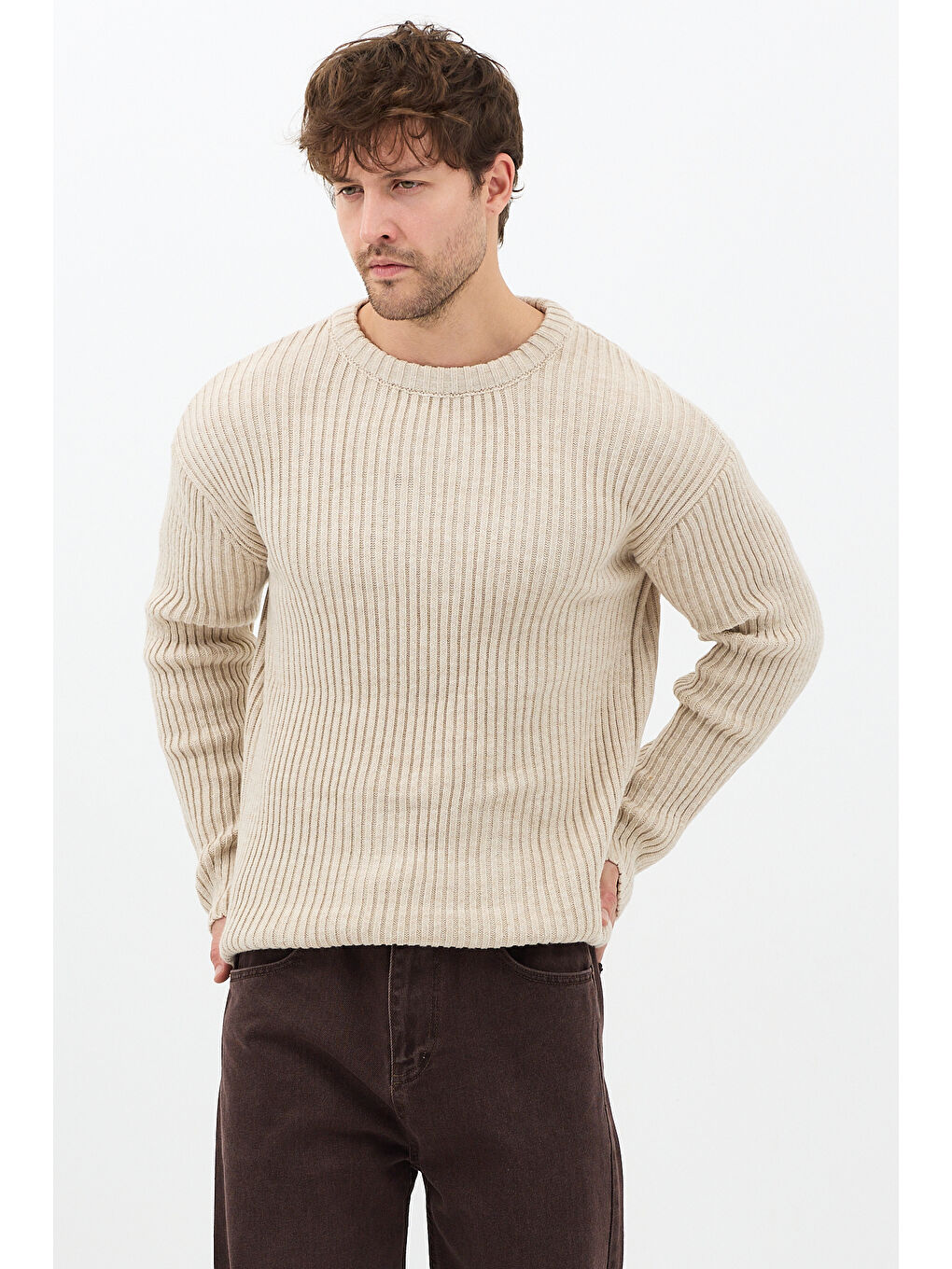 Erkek Bej Fitilli Örme Regular Triko Kazak-1