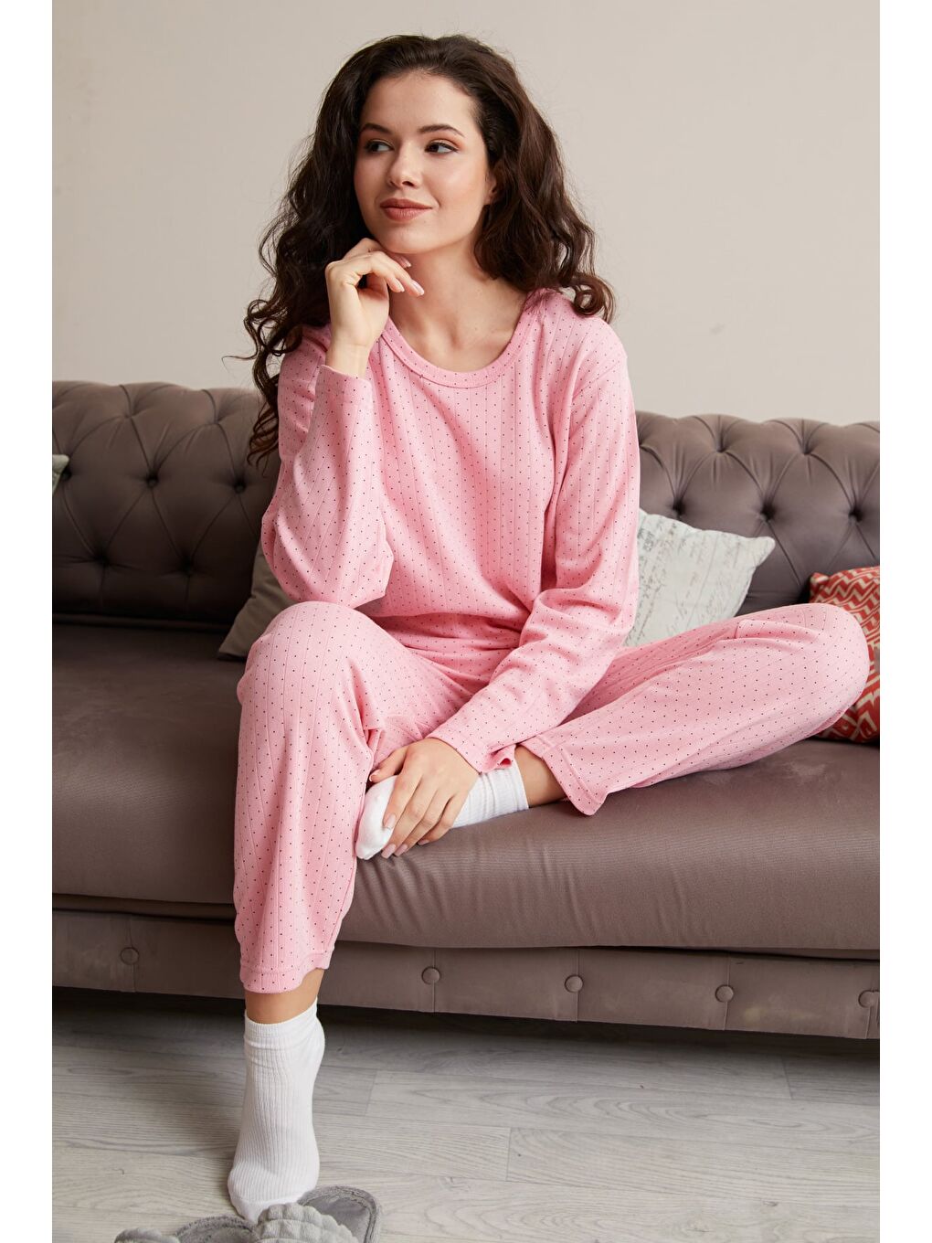 Pembe Büyük Beden Kalp Ve Yıldız Desenli Pijama Takımı-1
