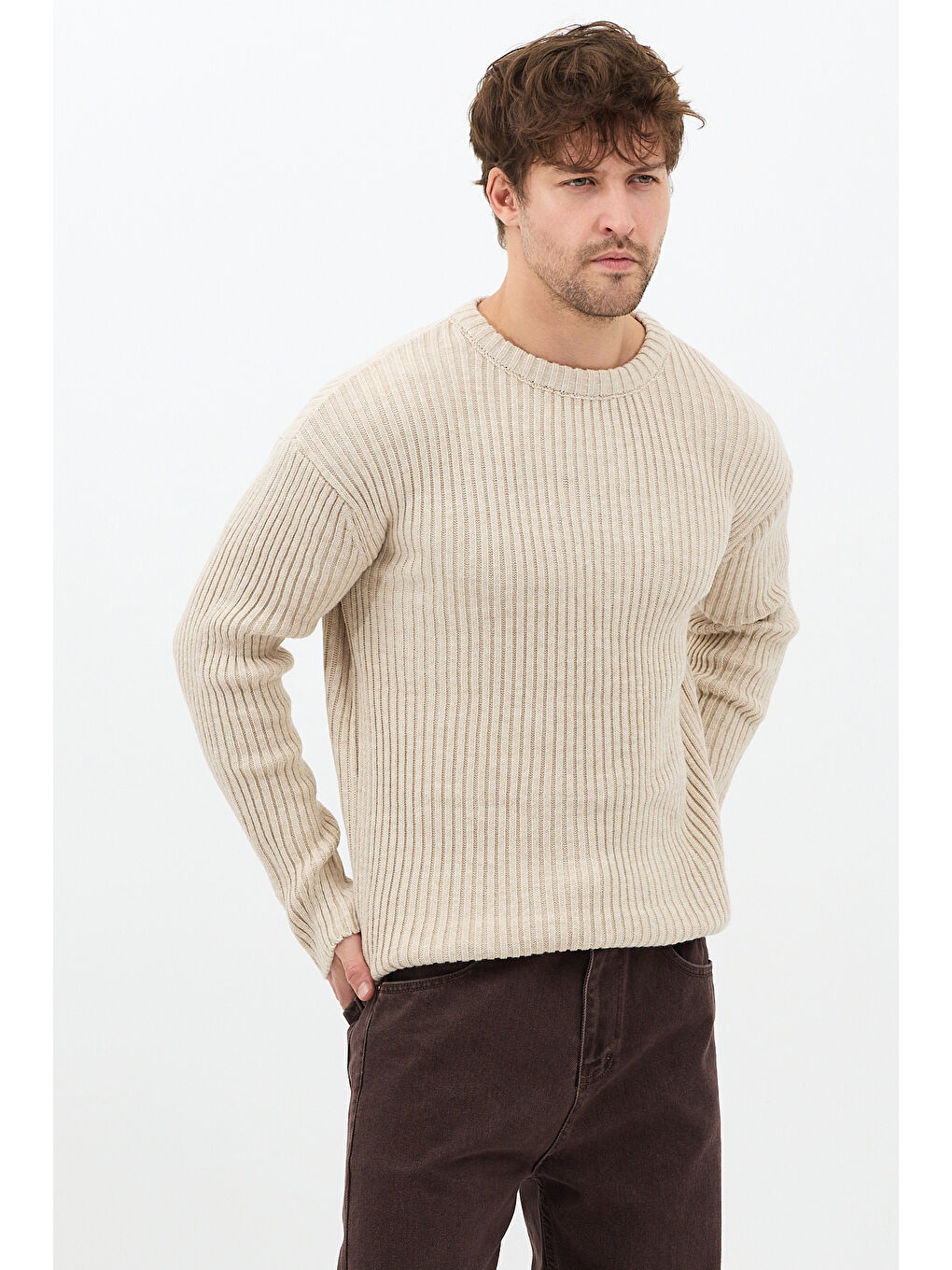 Erkek Bej Fitilli Örme Regular Triko Kazak-2