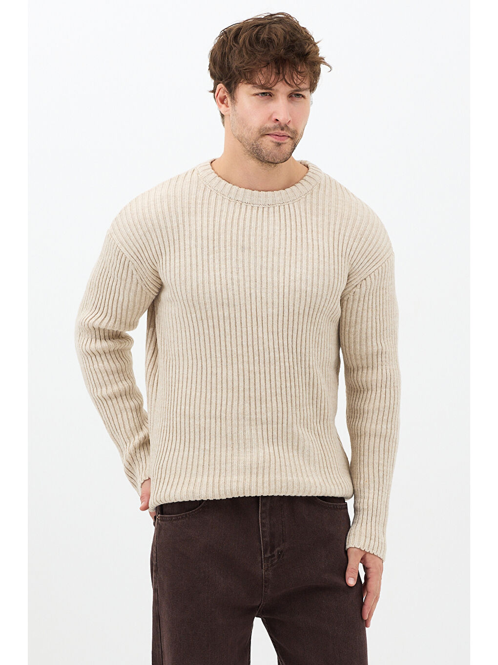 Erkek Bej Fitilli Örme Regular Triko Kazak-3