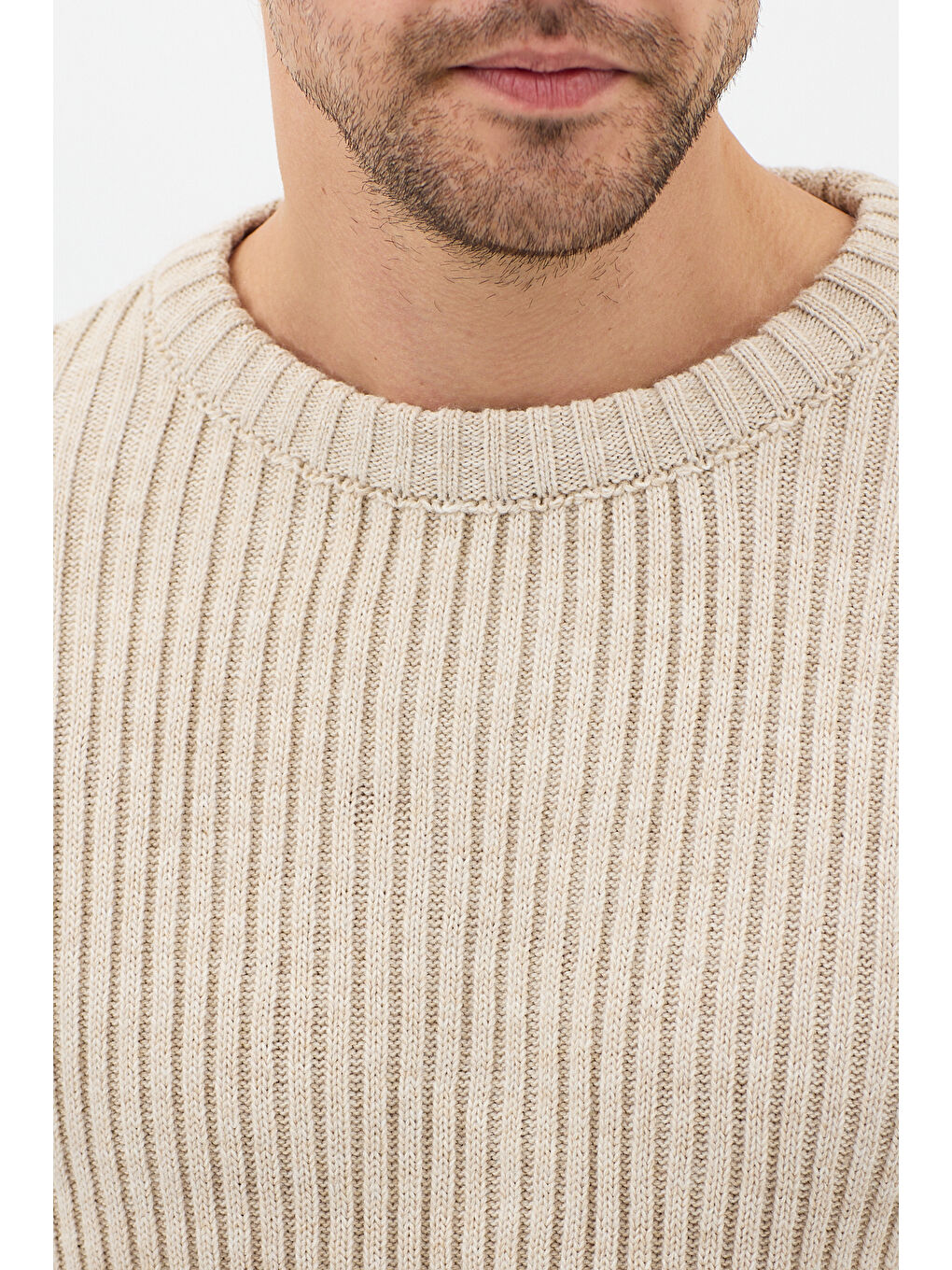 Erkek Bej Fitilli Örme Regular Triko Kazak-4
