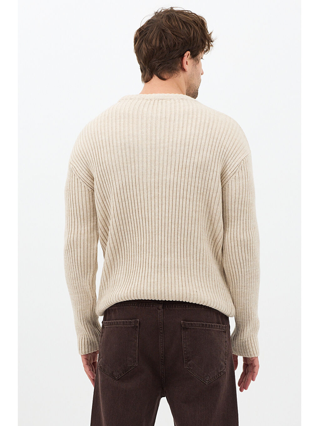 Erkek Bej Fitilli Örme Regular Triko Kazak-5