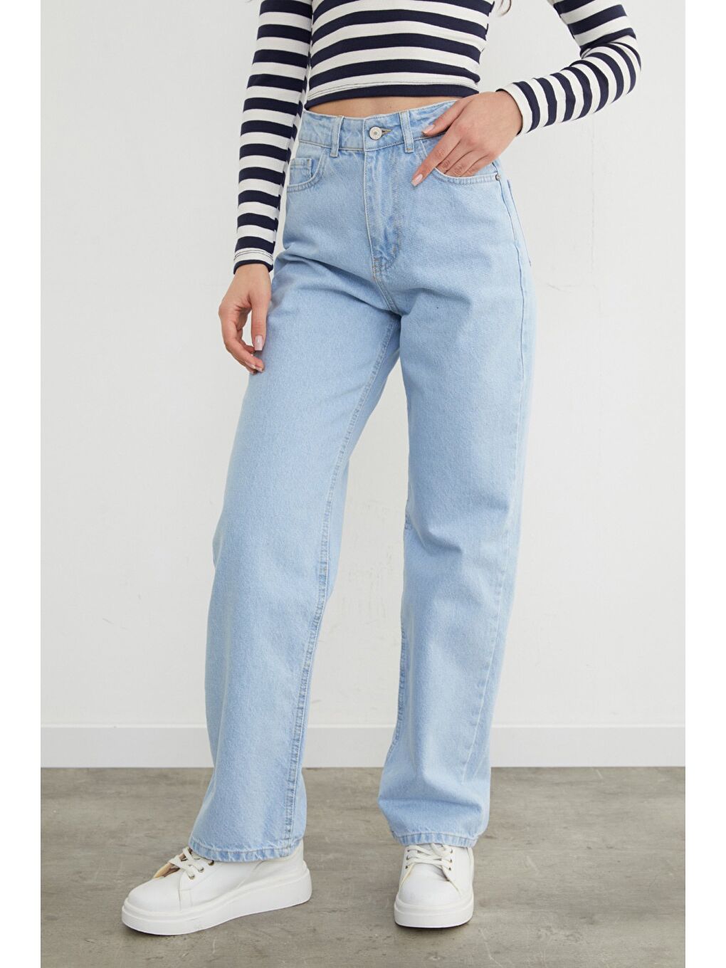 Mavi Yüksek Bel Fermuarlı Palazzo Jean-1