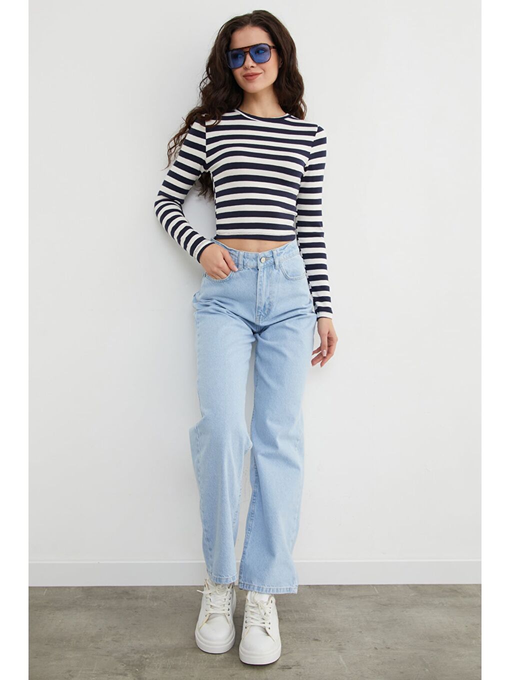 Mavi Yüksek Bel Fermuarlı Palazzo Jean-2