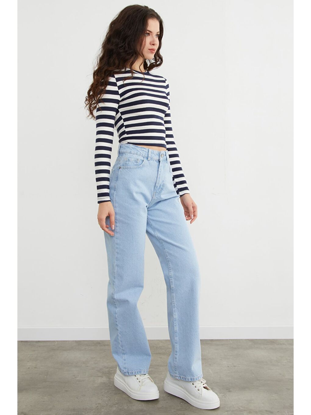 Mavi Yüksek Bel Fermuarlı Palazzo Jean-3