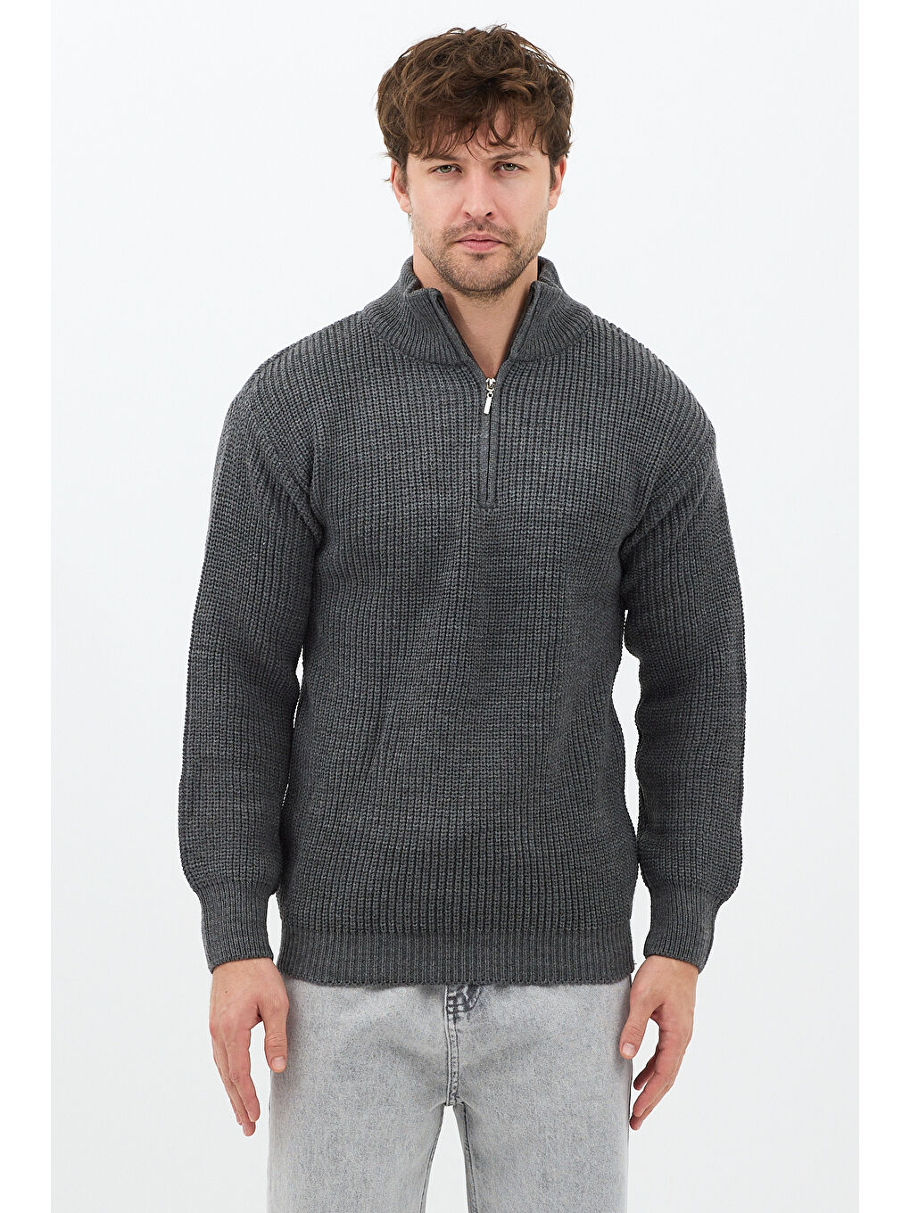 Gri Füme Erkek Oversize Fermuarlı Balıkçı Triko Kazak-1