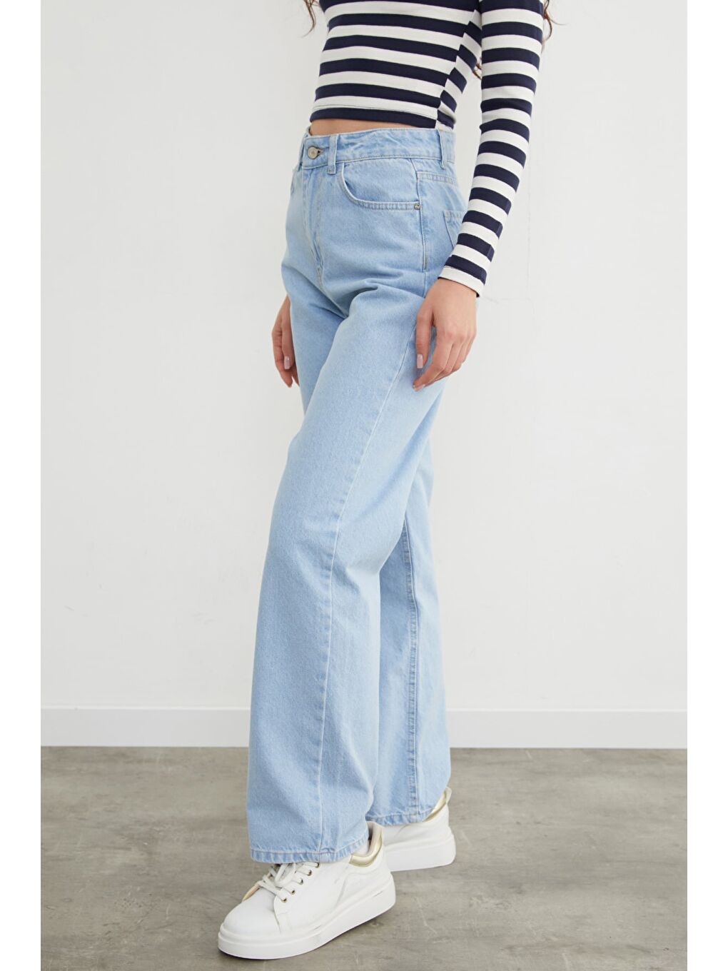 Mavi Yüksek Bel Fermuarlı Palazzo Jean-4