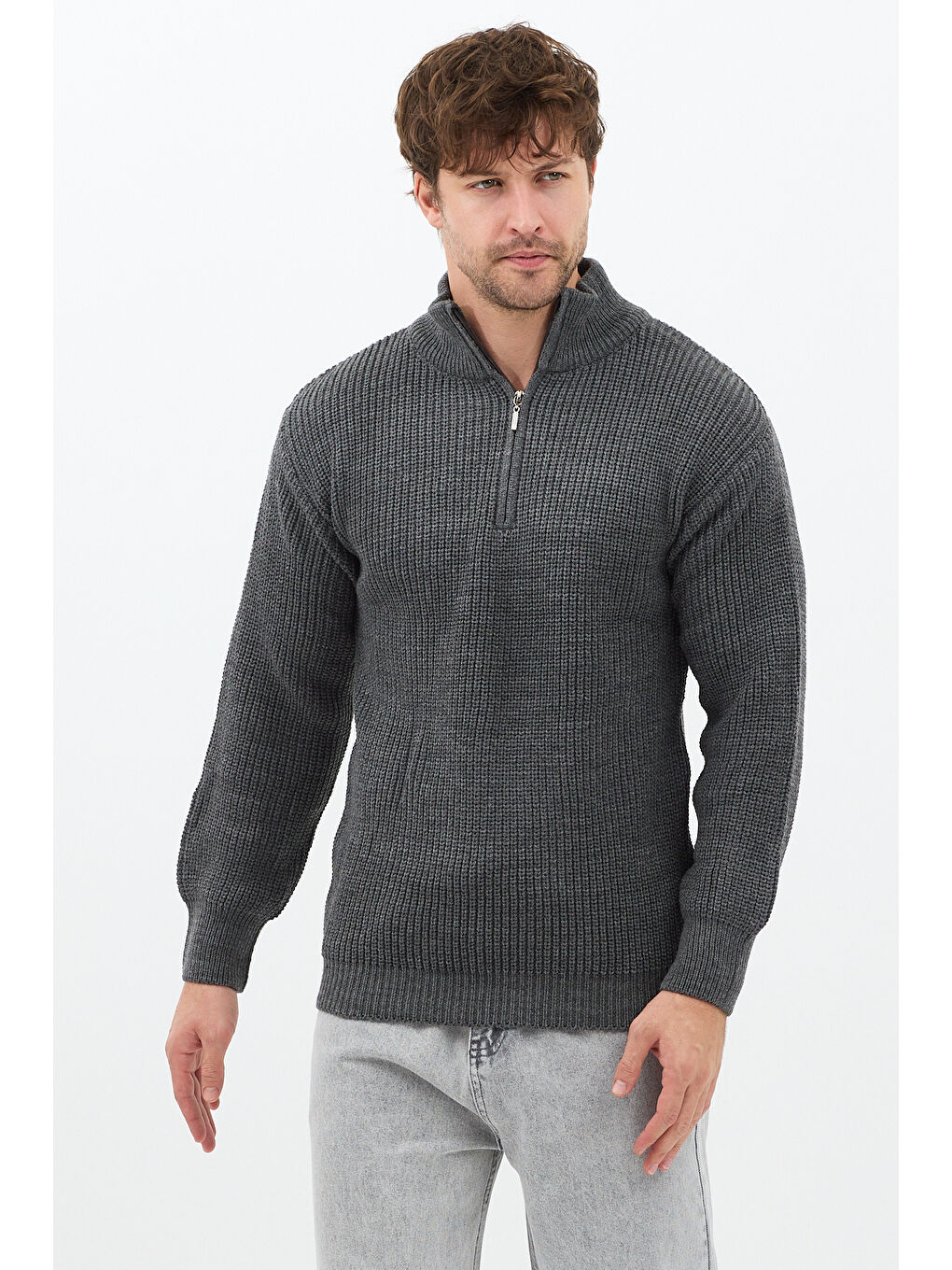 Gri Füme Erkek Oversize Fermuarlı Balıkçı Triko Kazak-2