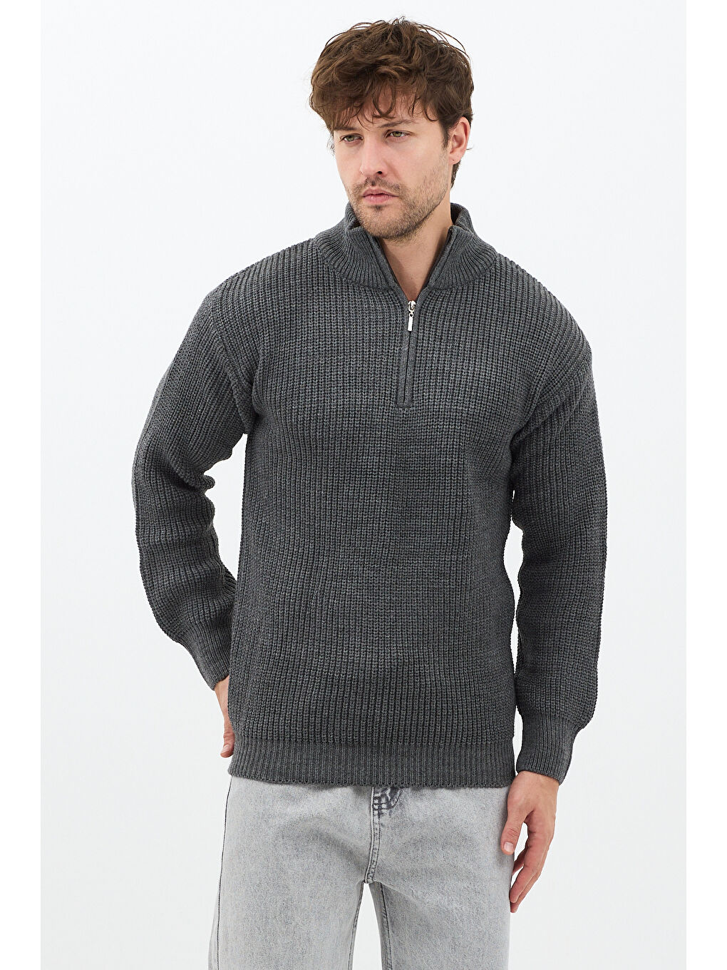 Gri Füme Erkek Oversize Fermuarlı Balıkçı Triko Kazak-3