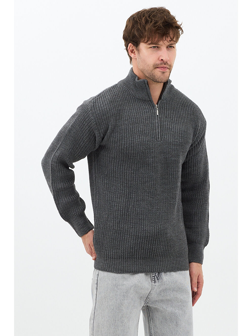 Gri Füme Erkek Oversize Fermuarlı Balıkçı Triko Kazak-4